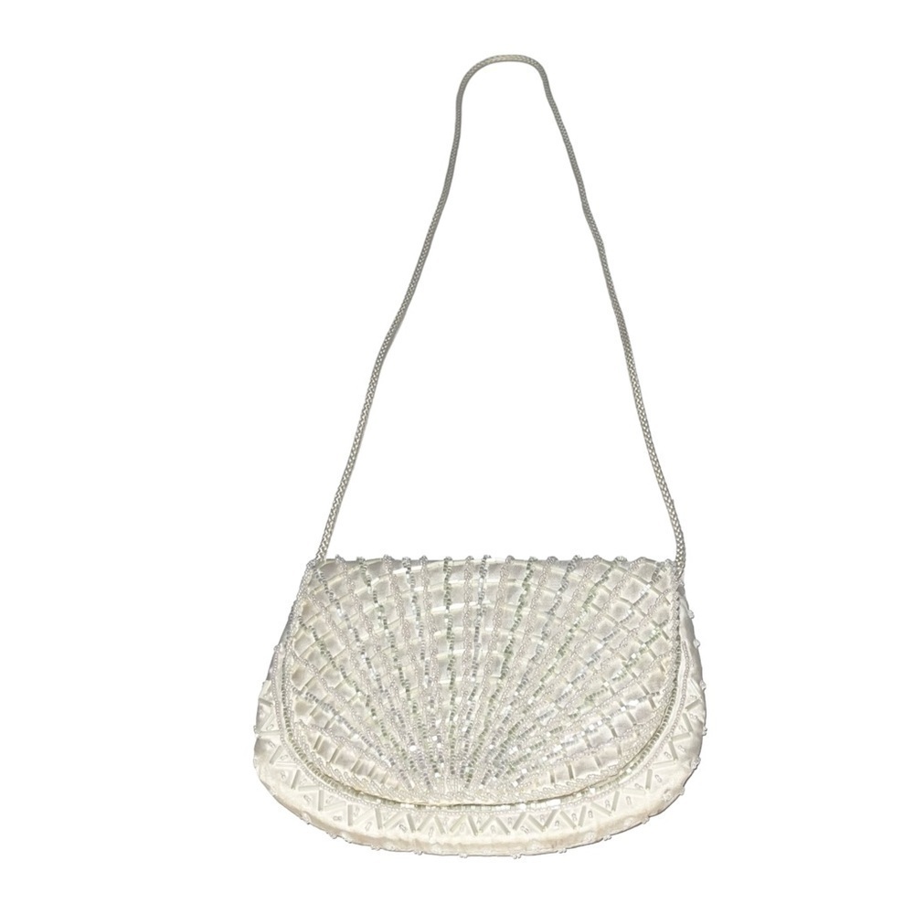 Off White Satin Beaded Crossbody Bag OS